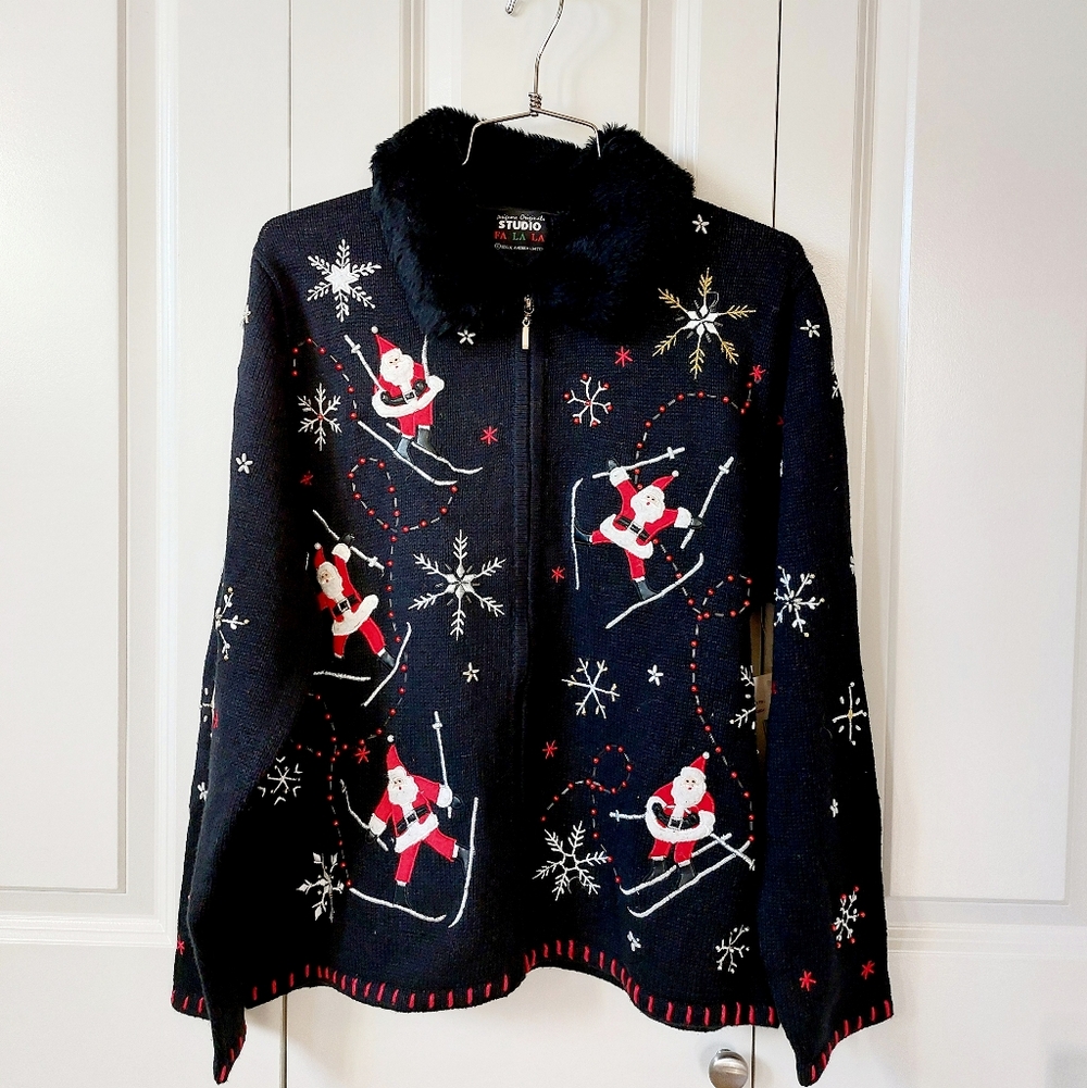 NWT Santa Skiing Christmas Cardigan Sweater Faux Fur Collar Medium Design Origin